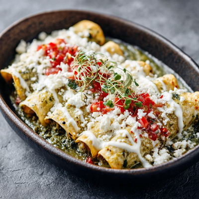Pork Enchiladas Verde with Pablano-Pumpkin Seed Sauce and Queso Fresco
