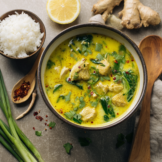Gut Healing Ginger Turmeric Coconut Chicken and Spinach Soup